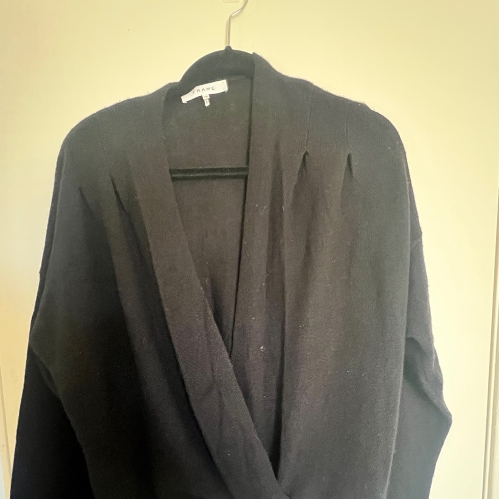 FRAME BLACK WRAP CASHMERE WOOL BLEND SWEATER WITH PLEATED DETAIL SIZE L